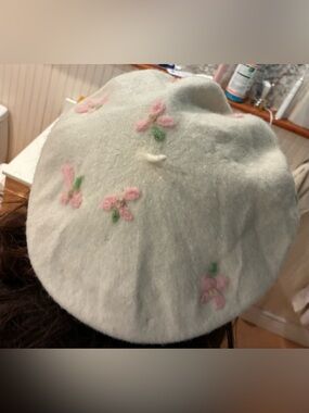 White Floral Felt Beret with Pink & Green Embroidery